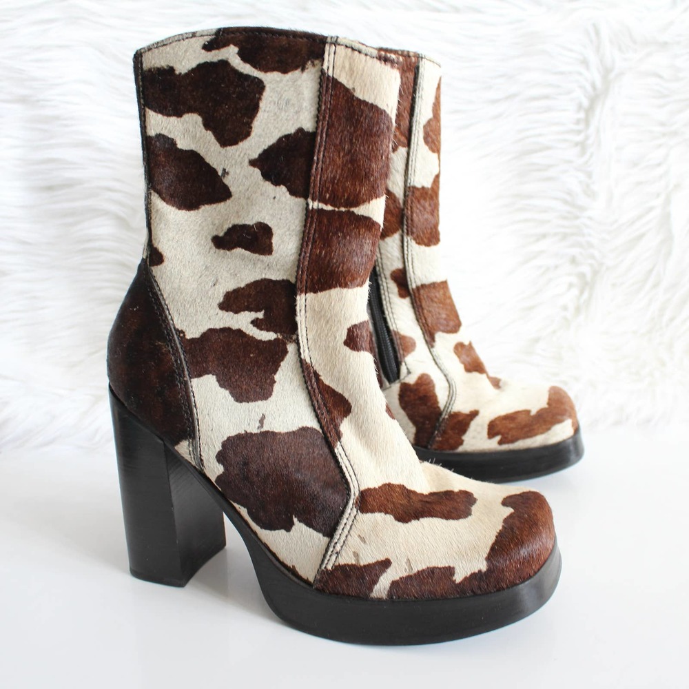 Vintage 1990s Steve Madden Wayne Cow Print Calf-Hair Square Toe Chunky Booties